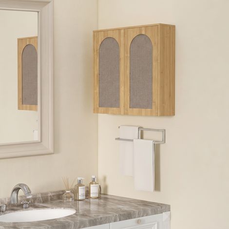 Armoire murale de salle de bain bohème avec 2 portes effet rotin à fermeture douce et étagère réglable, chêne (1/5)
