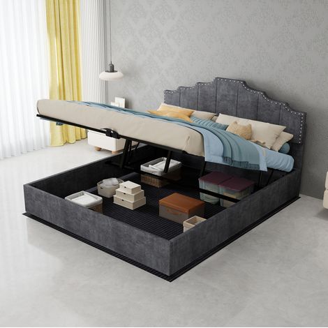Lit coffre 160/200 cm gris en tissu et métal à tête de lit géométrique (1/5)