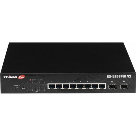 Switch di Rete EDIMAX GS-5208PLG V2 con 8 porte Gigabit Ethernet PoE+ e 2 porte SFP Gigabit per uplink, Potenza PoE 85W (1/4)