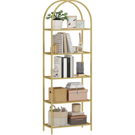 Goldfarbenes, bogenförmiges 5-stöckiges Glasregal 60x30x175 cm, Designer-Aufbewahrungseinheit für Wohnzimmer, Büro, Schlafzimmer, modernes dekoratives Regal.