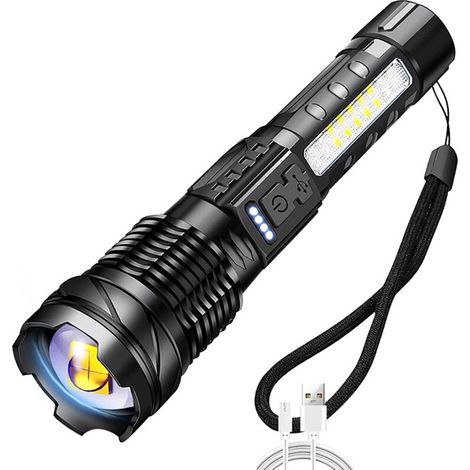Lampe torche puissante à LED laser blanches, 2600 mAh, charge rapide USB-C, avec éclairage latéral de sécurité COB et lampe torche de travail pour le camping et la randonnée. (1/5)