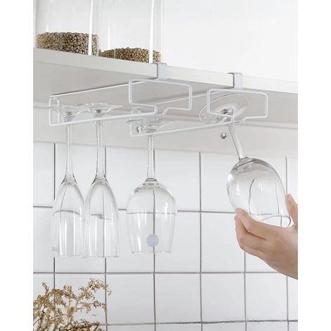 Lot de 2 supports pour verres à vin sous l'armoire - Sans perçage - Pour bar, cuisine, restaurant - Blanc (1/5)