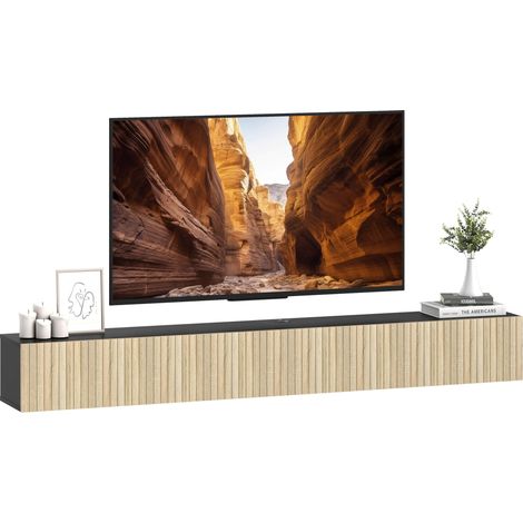 Meuble TV mural, 140 cm, adapté aux téléviseurs de 72 pouces, double porte abattante, dimensions 140 x 25 x 22 cm, disponible en bois naturel et en noir.