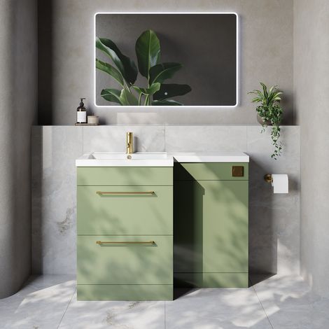 Napoli 460 Olive Green 1100mm 2 Drawer Vanity Unit Toilet Suite with Left Hand Square Lucia Basin - 1100mm - Brushed Brass 320mm HandleWithout Kingston Toilet Pan