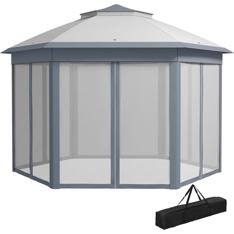 Carpa plegable 4x3,4m con doble techo, 6 mosquiteras extraíbles y bolsa de transporte anti-UV gris