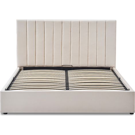 Lit coffre Giulia 140x190 cm – Velours beige – Système tri-lattes pour ventilation optimale – Structure en bois d'épicéa – Maison Aubertin