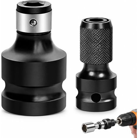 Adaptateur double 1/2 ″ vers 1/4 ″ acier haute dureté pour tourne‑vis à percussion – 2 pièces multifonction conversion carrée à hexagonale pour cloueuse/visseuse, embout impact (1/5)