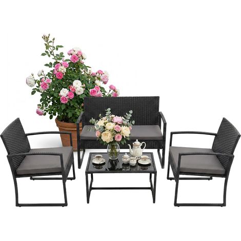 Relaxdays Gartenmöbel Set, 4-tlg. Rattan Sitzgruppe, 4 Personen, Bank, Stühle & Glastisch, Loungemöbel, outdoor, schwarz