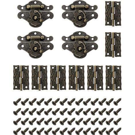Lot de 4 Verrous vintage antique, fermoir boite verrou décoratifs antiques avec 8 charnières et 56 vis pour décoratifs cabinet armoire Boîte (1/5)