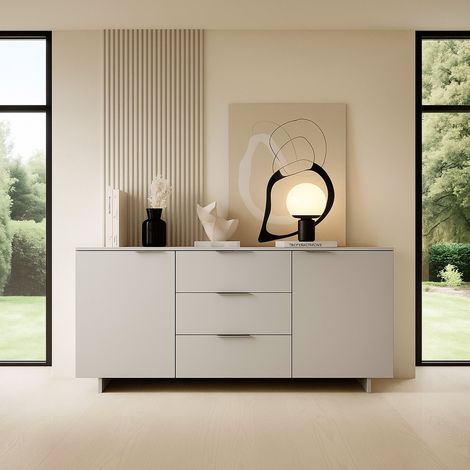 Aparador Neive, aparador de salón con dos puertas batientes y tres cajones, elevado del suelo, 180 x 42 h 90 cm, beige (1/5)