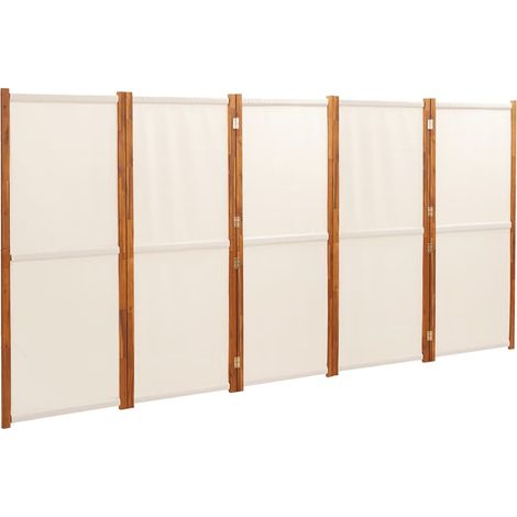 Paravento divisorio 5 pannelli 350 x 180 cm tessiline crema e legno DEC030966