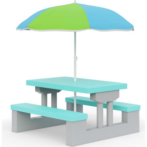 Spielwerk Set Mesa y Bancos para Niños con Sombrilla Protección UV Juego para Exteriores e Interiores Picnic Fácil de Limpiar y Transportar 67cmx41cm Mint Grau (de)