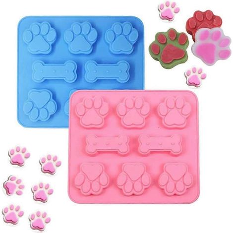 Ensemble de moules en silicone pour friandises pour chiens - moules en forme de patte et d'os, adaptés aux friandises cuites au four et congelées, couleurs aléatoires. (1/3)