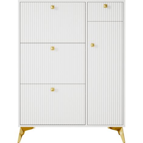 Scarpiera stretta bianca con 3 ribalte, 1 cassetto e 1 anta, 90 x 25 x 121 cm (1/5)