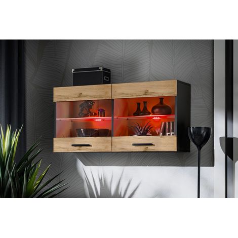 Komodee, Vitrine Armoire Savona, Noir/Wotan, Largeur 100 cm x Hauteur 50 cm x Profondeur 30 cm, LED RGB, 2 étagères, pour Salon, Chambre, Entrée, Cuisine