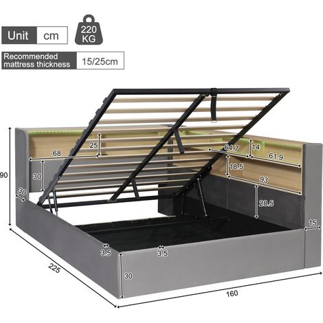 Cama nido 140x200 cm gris en terciopelo con almacenaje hidráulico, LED y puertos USB/USB-C (1/5)