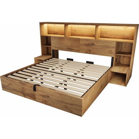 Lit coffre 180x200 cm aspect chêne avec LED, USB-C, chevets intégrés - MODENUIT (1/5)