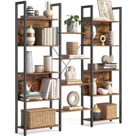 Bibliothèque, Étagère de Rangement, avec 14 Étagères, Cadre en Métal, Salon, Bureau, Style Industriel, 24 x 158 x 166 cm, Marron Rustique et Noir LLS107B01 (1/5)