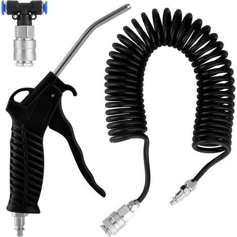 Pistolet à air comprimé pour camion avec tuyau enrouleur de 5 mètres, kit de nettoyage pneumatique, noir, embout en T, soufflette robuste pour véhicule industriel. (1/5)