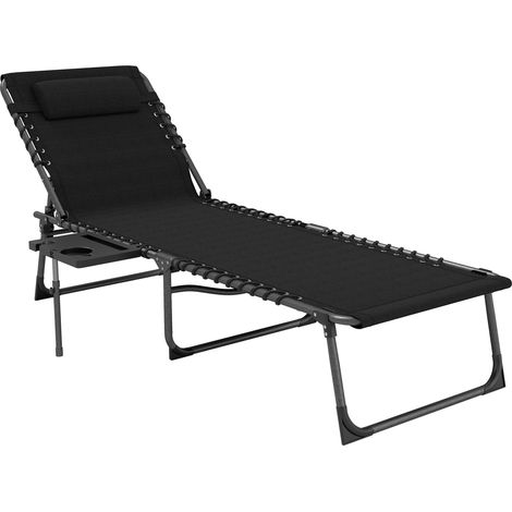 Lit de jardin pliant inclinable à 5 positions, table d'appoint, coussin de tête, rangement latéral 60 x 190 x 31 cm, noir (1/5)