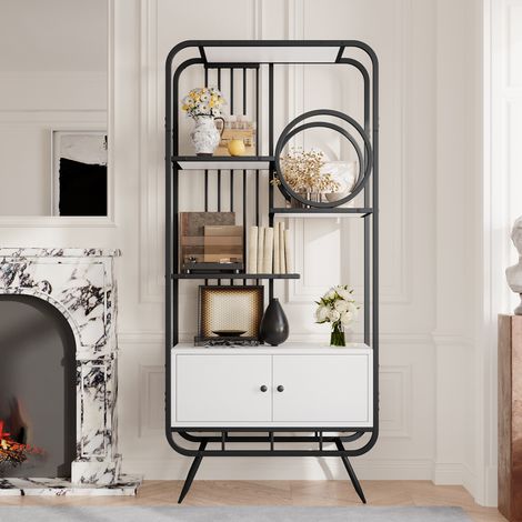 Libreria in metallo, 3 scomparti, mobile con due ante, linee arrotondate, ampia capacità di archiviazione, 80 x 30 x 180 cm, design moderno, Nero (1/5)