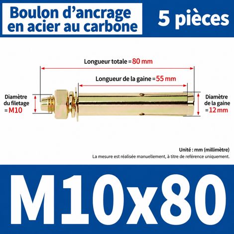 Goujon d'ancrage cheville métallique M10 x 80 mm lot de 5 pièces m10 80 5 pièces 1 kg – Livraison gratuite