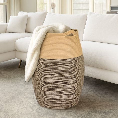 Cotton Rope Basket 105L Laundry Basket Basket Woven Storage Basket Dirty Clothes Basket Laundry Bin With Extended Handles Toy Storage Organiser For Storage Clothes Toys (White + Grey) (1/5)