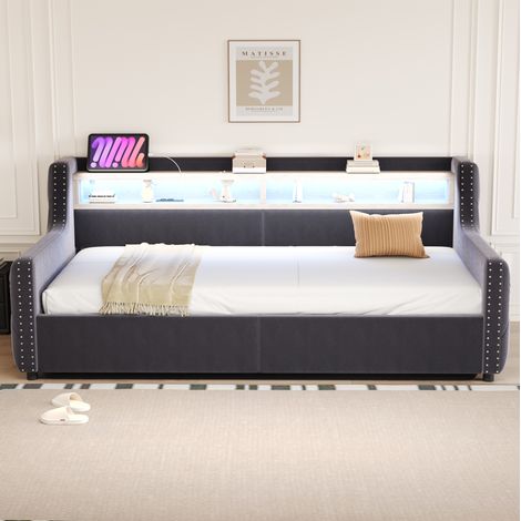 Bettsofa modern 90x200 cm aus Samt in Dunkelgrau, mit Stauraum, LED, Ablage, Steckdose, USB/Type-C und Lattenrost (1/5)
