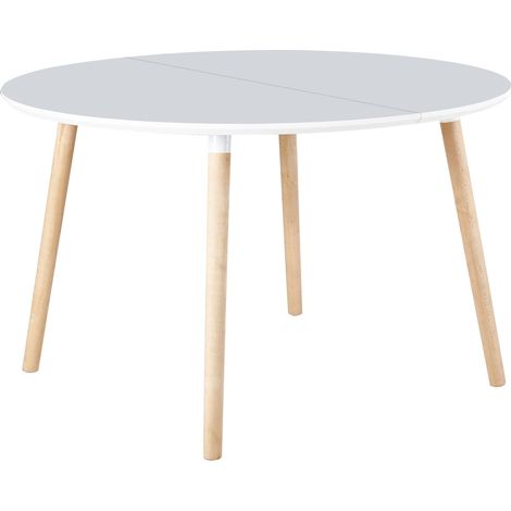 Table à manger ronde extensible coloris blanc / pieds hêtre, Longueur 140 - 180 x Largeur 100 x Hauteur 75 cm -PEGANE-