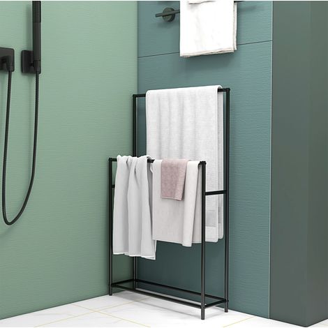 Toallero de pie con 2 barras de metal, 66 x 20 x 110 cm, negro OKWISH (1/5)