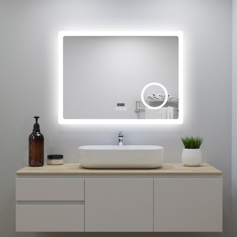 Ocean LED Miroir de salle de bain tactile 80x60cm avec Horloge Loupe Bluetooth 3 Couleurs Dimmable Anti-buée et Mémoire (1/5)