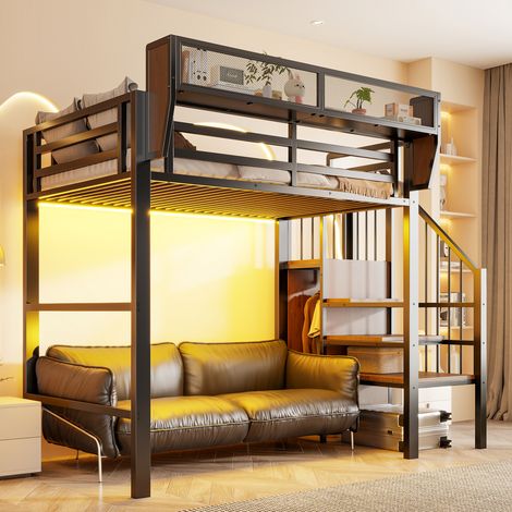 Lit mezzanine 90x200 cm avec éclairage LED intégré, échelle sécurisée et rangement ajustable, structure en acier, couchage adulte, lit superposé pour enfant, teinte noire (1/5)