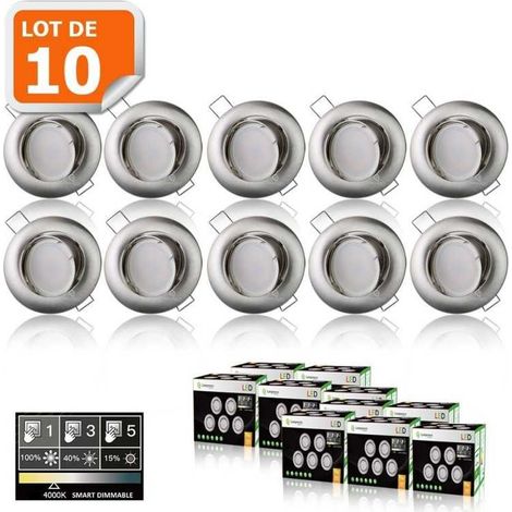 Lampesecoenergie – Pack de 10 spots led dimmables 7W blanc neutre orientables – Finition alu brossé – Ampoules GU10 incluses – 560 lumens – Dimmable par interrupteur (1/5)