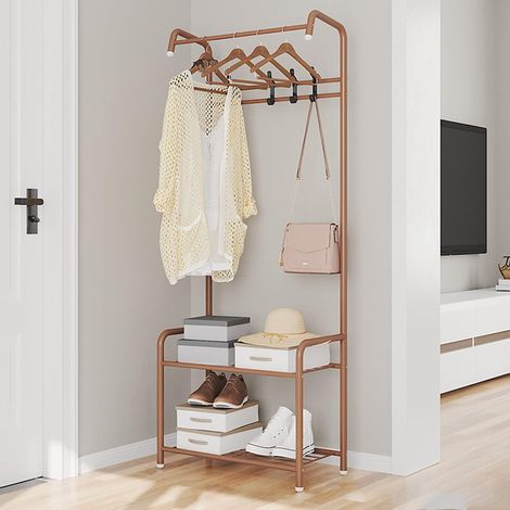 Perchero de pie – Estante de metal marrón para zapatos, estante para ropa, estante para zapatos, estante de almacenamiento para zapatos, 4 ganchos