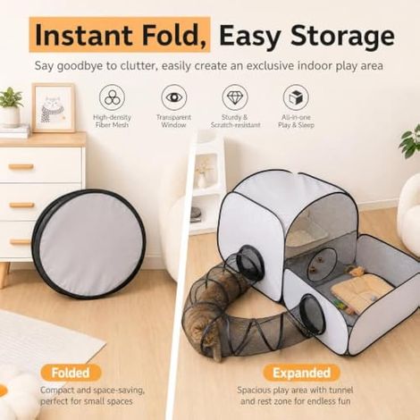 Enclos portable pour animaux de compagnie, enclos de jeu pour chats, parc pliable avec tunnel, accessoires de dressage pour chiens et petits animaux, intérieur, camping et voyage, gris, taille S (1/4)