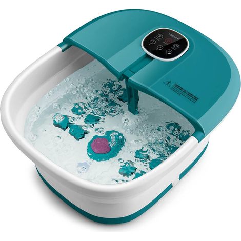 COSTWAY Bain de Pieds Massant, Pliable, Lumière Rouge, Température Réglable avec Télécommande, Massage au Rouleau, Bleu Sarcelle