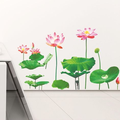 Décor mural autocollant fleur de lotus, stickers muraux pour chambre, salon, fond TV, décalque décoratif lotus, adhésif mural artistique, décoration murale intérieure. (1/5)