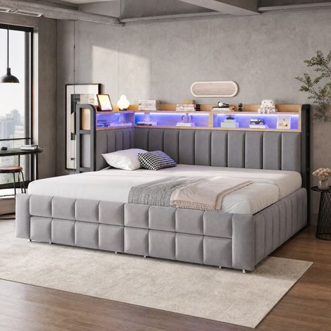 Cama sofá tapizada con almacenaje 90/180 x 200 cm gris claro OKWISH (1/5)