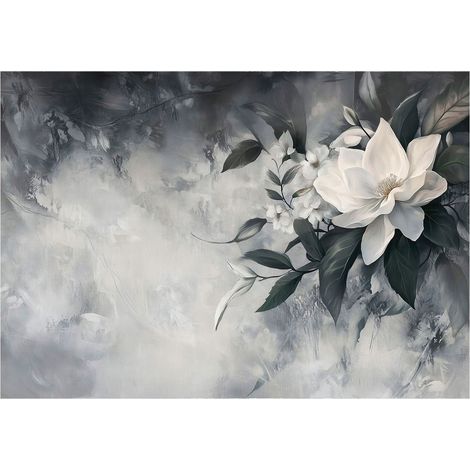 Papier peint fleur blanche avec feuilles gris béton décoration murale – 200 x 140 cm Wallarena (1/4)
