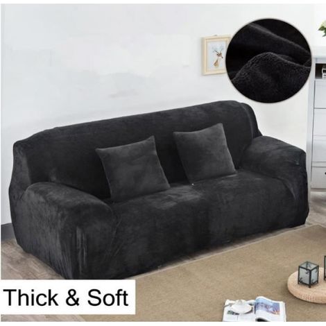 Housse de Canapé - Velours 3 Places - Élastique - Noir - 190-230cm (1/2)