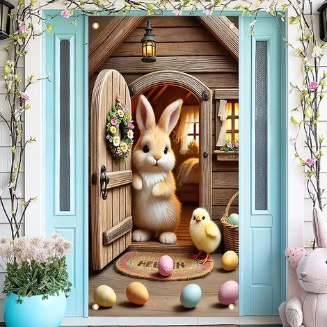 Porte Décorative Pâques - Bandeau Porte Rabbits Et Œufs - Décoration Printemps Intérieur Extérieur - 180 x 90 cm - 1 Pièce (1/5)