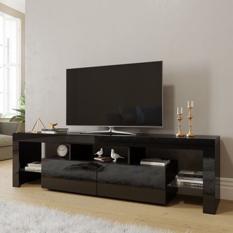ELEGANT Modern High Gloss TV Stand Cabinet with LED Light Living Room Bedroom Furniture Television Unit TV Cabinet for Media Storage 1600mm Black TV cabinet (1/8)