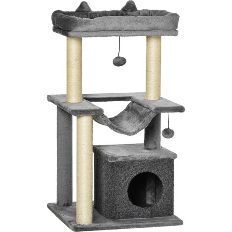 Arbre à chat avec griffoir, en tissu peluche, tour de jeux pour chat, lit, niche, hamac, plateforme 48 x 48 x 90 cm gris (1/5)