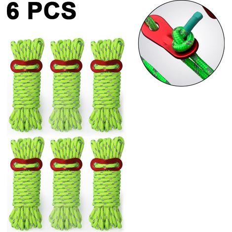 Lot de 6 haubans réfléchissants lumineux de 4 mm avec plaque en aluminium pour tente, camping et randonnée (vert lumineux) (1/5)