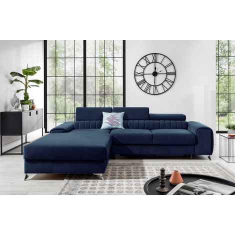 - Canapé d'angle convertible en tissu velours Luxe bleu, 5 places, angle gauche (vu de face) - GRECE VELOURS (1/5)