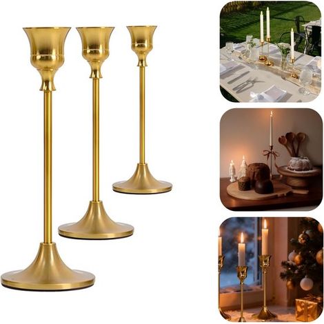 Bougeoirs en métal lot de 3 - chandeliers dorés 16, 19 et 22 cm (1/5)