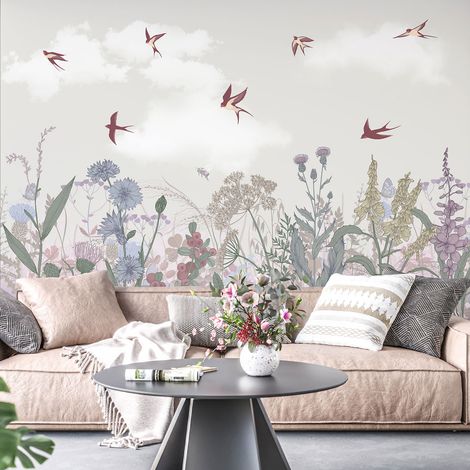 Papier peint panoramique - Fleurs Oiseaux - 130 cm x 88 cm (1/4)