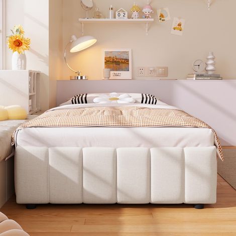 Lit simple rembourré avec rangement hydraulique-sans tête de lit-beige-91x201x32(cm)-Sans Matelas (1/5)