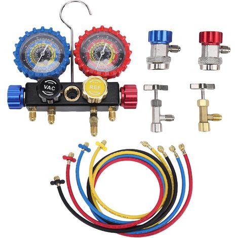 Ensemble de Collecteur AC, Outil de Diagnostic de Climatisation Automobile, Ensemble de Débitmètre de Soupape de sécurité de Tuyau de 5 Pieds avec Construction en Laiton 0500 PSI Bleu 0800 PSI (1/5)