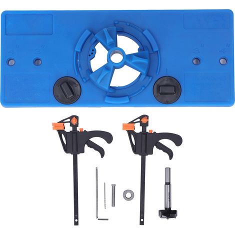 Kit de perçage pour charnières invisibles 35 mm avec 2 serre-joints bleus, guide de montage pour portes d'armoire en bois (1/5)